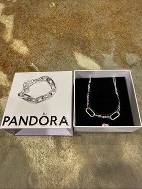 Authentic Pandora Silver Link Necklace & Bracelet with Geometric Oval Accents